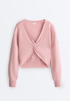 Rózsaszín bordázott kötött hosszú ujjú rövidített pulóver mély V-nyakkivágással és elöl kötött csomó részlettel.