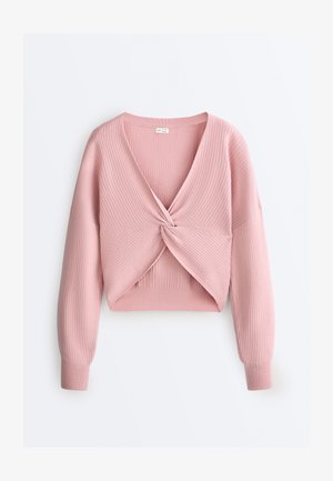 Rózsaszín bordázott kötött hosszú ujjú rövidített pulóver mély V-nyakkivágással és elöl kötött csomó részlettel.