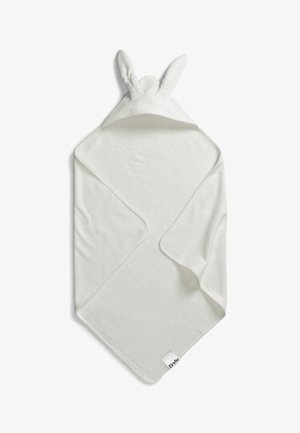 White hooded towel made of plush fabric, featuring two rounded ears on top, with a sewn label in the lower corner. Textured, soft finish.