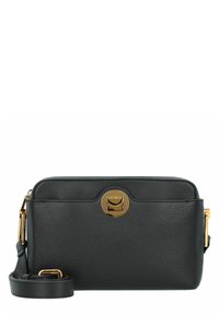 Zwarte leren schoudertas met een textuurovervlak, gouden hardware, ritssluiting aan de bovenkant en een verstelbare schouderband. Compacter rechthoekig ontwerp.