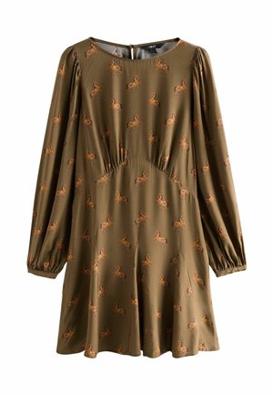 Olive green long-sleeve dress with a round neck and brown horse print pattern, featuring gathered sleeves and a flared skirt.
