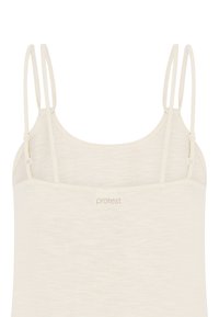 Haut camisole beige sans manches avec fines bretelles doubles et petit logo « protest » centré sous l'encolure.