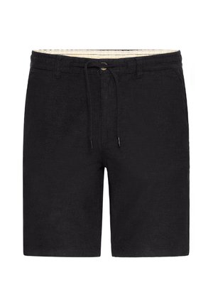 Black shorts made from textured fabric featuring a drawstring waist and a subtle pattern. Knee-length design with a creamy lining.