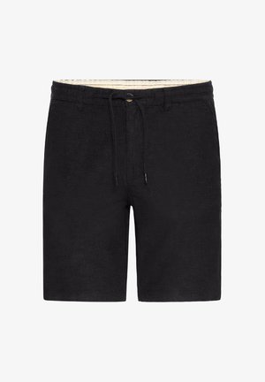Black shorts made from textured fabric featuring a drawstring waist and a subtle pattern. Knee-length design with a creamy lining.