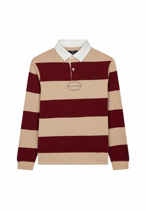 Langarm-Polohemd mit abwechselnden kastanienbraunen und beigefarbenen Streifen, einem weißen Kragen und einem kleinen blauen Logo auf der Brust.