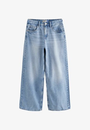 Helle blaue weit geschnittene Jeans aus Denim. Mit hoher Taille, vier Taschen und einem Reißverschluss mit Knopfverschluss. Glatte Textur.