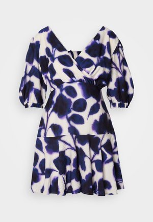 V-neck dress with puffed sleeves, featuring a floral pattern in deep blue and white, cinched waist, and flared skirt. Lightweight fabric.