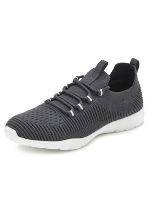 Gray athletic shoes with a breathable mesh upper, ribbed texture, white accents, a flexible sole, and pull tab at the heel for easy wear.