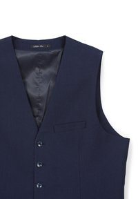 Marineblaues Weste mit strukturiertem Muster, Knopfverschluss und einer kleinen Tasche. Innen ist sie mit einer glatten Futter für angenehmen Tragekomfort ausgestattet.