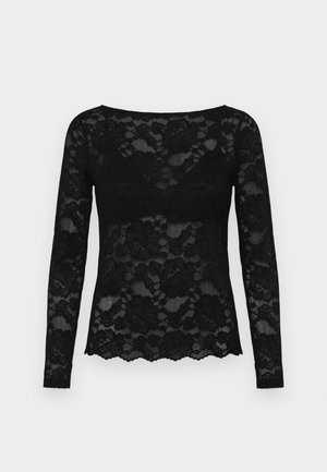 Černý krajkový top s dlouhým rukávem, květinovým vzorem, kulatým výstřihem a vlnitým lemem. Průsvitná textura posiluje jeho elegantní vzhled.