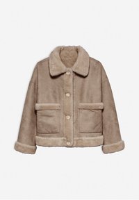Beige faux shearling jas met een knopenlijst aan de voorkant, een brede kraag, twee voorkruiden en een bontaccent op de manchetten en de zoom.