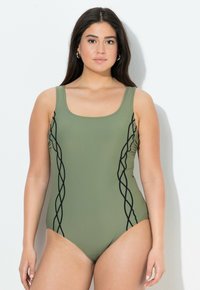 Jednodílné plavky olivově zelené barvy s černými vlnitými bočními detaily. Mají čtvercový výstřih a široká ramínka, jsou vyrobeny z hladkého, elastického materiálu.