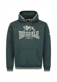 Sudadera verde oscuro con cordones ajustables, bolsillo canguro frontal, con un gran logo gris de Lonsdale London y puños a rayas.
