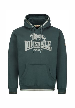 Sudadera verde oscuro con cordones ajustables, bolsillo canguro frontal, con un gran logo gris de Lonsdale London y puños a rayas.
