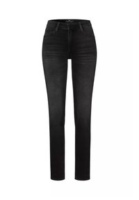 Czarne, dopasowane dżinsy wykonane z tkaniny denim. Charakteryzują się średnim stanem, pięcioma kieszeniami i delikatnym wyblaknięciem, co nadaje im elegancki, nowoczesny wygląd.