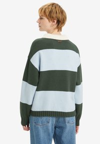Persoon met kort blond haar, gekleed in een overgrote groen en lichtblauwe gestreepte trui en blauwe jeans, gezien van achteren.