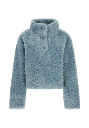 Világoskék, rövidített polár pulóver magas nyakkal, három gombbal a galléron és texturált, bolyhos anyagból készült.