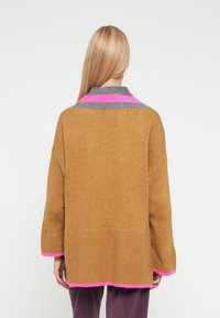 Pull brun tricoté avec un col rayé gris et rose, doté d'une coupe ample et d'une bordure rose à l'ourlet. Vue de dos, texture lisse.