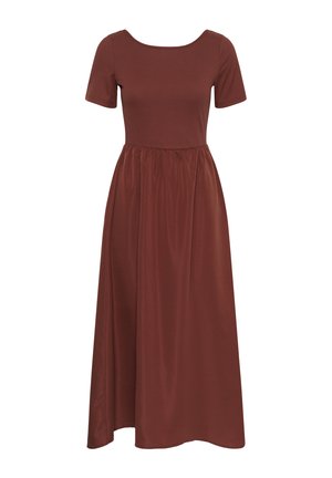 Robe marron à manches courtes avec corsage côtelé ajusté et jupe ample froncée s'étendant jusqu'à mi-mollet.