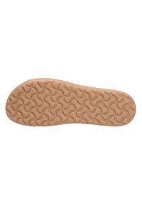Semelle en caoutchouc avec un motif de crampons ondulés, de couleur beige clair. Texture lisse avec un logo embossé à la surface. Forme ergonomique.