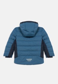Blue puffer jacket with a hood, featuring a quilted pattern, a contrasting navy color on the sleeves, and a reflective design on the back.