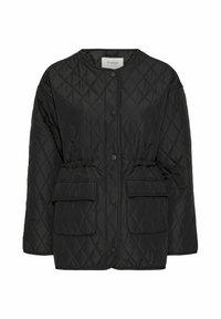 Sort quiltet jakke med rund halsudskæring, trykknapper, elastisk talje og to forlommer. Har en blød, glat tekstur og polstret design.