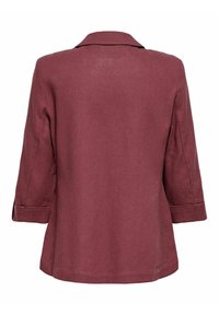 Vue arrière d'un blazer bordeaux à manches longues avec col et manches retroussées, présenté sur fond blanc.