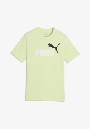 Hellgrünes T-Shirt mit kurzen Ärmeln, schwarzem Puma-Logo und weißem "PUMA"-Schriftzug auf der Brust.