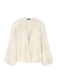 Biały kardigan z sztucznego futra z głębokim dekoltem w kształcie V, długimi rękawami i teksturowaną powierzchnią. Otwarty przód, bez zapięć.