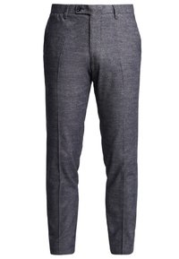 Gray wool blend trousers with a tailored fit, featuring front pleats, a button closure, and side pockets in a smooth texture.