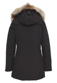 Parka nera impermeabile con cappuccio foderato in pelliccia sintetica. Presenta un design a taglio dritto e cuciture sigillate per isolamento e protezione dagli agenti atmosferici.