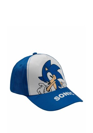 Blue and white baseball cap featuring Sonic the Hedgehog’s face and the word "SONIC" on the brim.