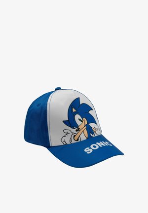 Blau-weiße Baseballkappe mit dem Gesicht von Sonic dem Igel und dem Schriftzug "SONIC" auf dem Schirm.