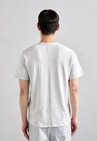 T-shirt grigio chiaro a maniche corte con scollatura rotonda. Presenta una texture sottile e una cucitura centrale che corre verticalmente lungo la parte posteriore.