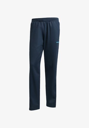 Pantalons de survêtement bleu marine en tissu extensible, dotés d'une taille élastique et d'un petit logo aqua sur la cuisse gauche.