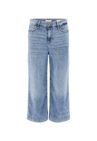 Jeans larghi blu chiaro in denim. Presentano un design a vita alta, cinque tasche e una chiusura con bottone sul davanti.