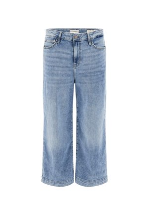Jeans larghi blu chiaro in denim. Presentano un design a vita alta, cinque tasche e una chiusura con bottone sul davanti.
