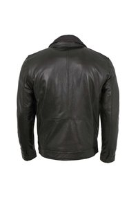 Schwarze Lederjacke mit schlanker Passform, mit Reverskragen, flachen Nähten und glatter Textur. Die Rückseite weist keine Logos oder Verzierungen auf.