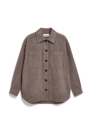 Brown corduroy shirt with a button-up front, two chest pockets, and a classic collar. Features long sleeves and a slightly curved hem.