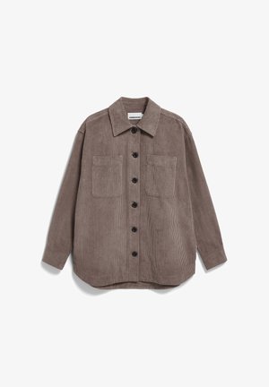 Braunes Cordhemd mit Knopfleiste, zwei Brusttaschen und klassischem Kragen. Mit langen Ärmeln und leicht abgerundetem Saum.