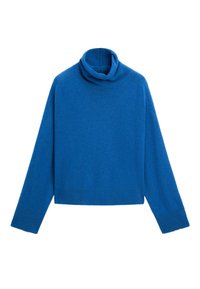 Maglione a collo alto blu in morbida trama lavorata a maglia. Caratterizzato da maniche lunghe, una vestibilità comoda e dettagli a coste sull'orlo.