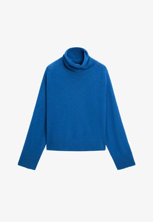 Blå rullekravetrøje i en blød, strikket tekstur. Har lange ærmer, en afslappet pasform og ribstrikkede kantdetaljer.
