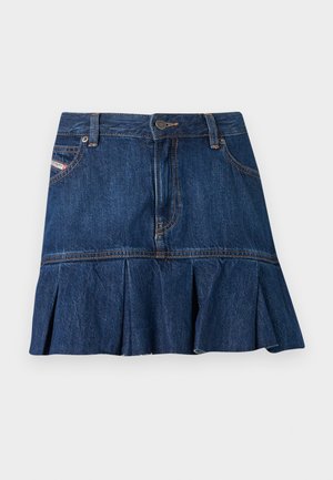Blue denim mini skirt with button and zipper closure, belt loops, front pockets, and a pleated hem detail.