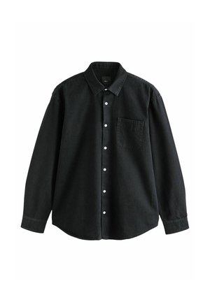 Black long-sleeve shirt made of denim. Features a button-down collar, front pocket, and white buttons. Classic fit with a soft texture.