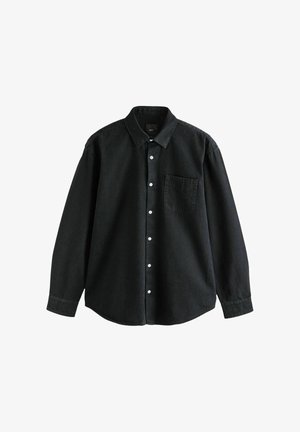Camicia nera a maniche lunghe in denim. Presenta un colletto con bottoni, una tasca frontale e bottoni bianchi. Vestibilità classica con una texture morbida.