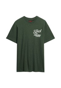 Grøn bomulds T-shirt med rund hals, korte ærmer og hvid "Super Dry Copper Label" logo på brystet. Glat tekstur.