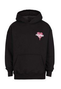 Black hoodie featuring a front pocket, drawstring hood, and a pink heart graphic with "DROPSIZE" text. Soft fabric with a casual fit.