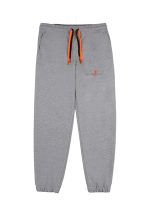 Pantalon de survêtement gris avec poignets élastiques, cordons noirs et orange, poches latérales et petite poche à bouton sur la cuisse droite.