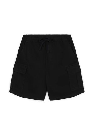 Pantaloni corti neri casual con vita elastica, cordoncino, tasche laterali e tasche cargo su ciascuna gamba, posati su uno sfondo bianco.