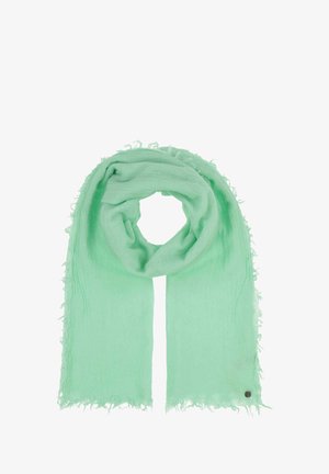 Mentazöld sál, könnyű anyagból készült, rojtos szélekkel és egy kis fémbetéttel. Téglalap alakú, puha tapintású.